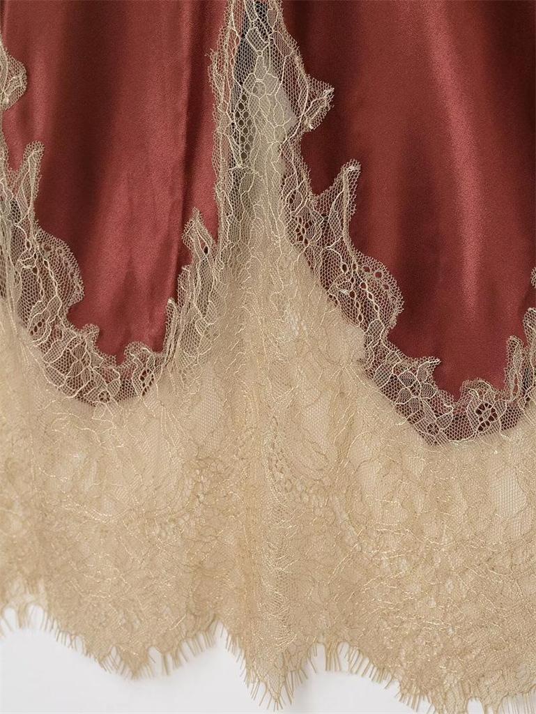 Женская европейская и американская юбка из шелкового атласа с блоками цвета и кружевной отделкой