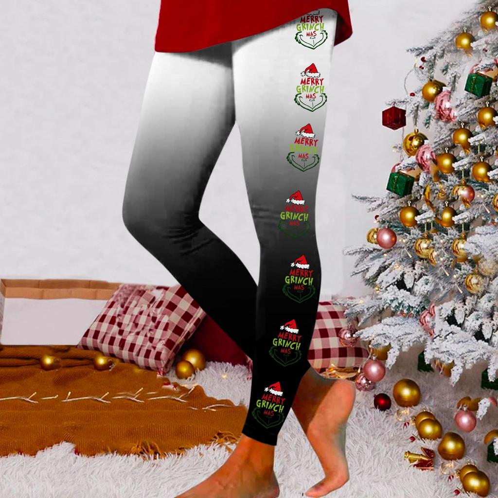 Women's Fashion Casual Outdoor Christmas Print Slim Stretch Yoga Pants Nine Minute Pants
