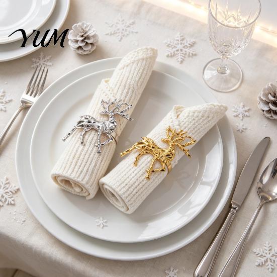 Gold Napkin Holders Christmas Deer Ring, Faceted Metal Elk Holder, Reusable Elegant Dining Table Accessories Ring for Xmas Holiday Wedding Receptions
