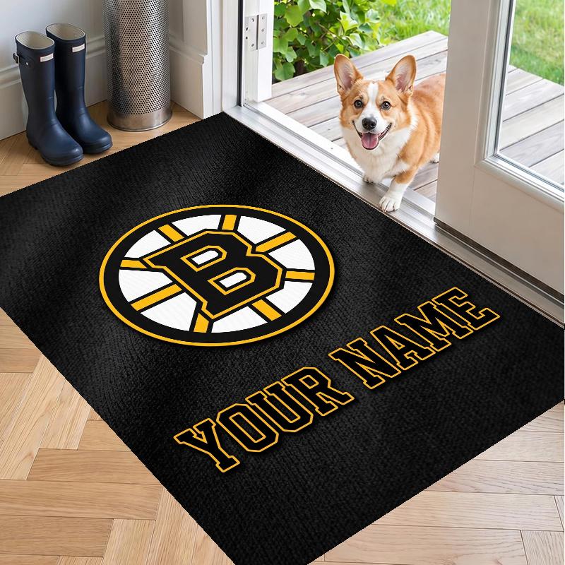 Custom Name Boston Bruins Crystal Velvet Floor Rug Personalized Text Soft Carpet Home Decor