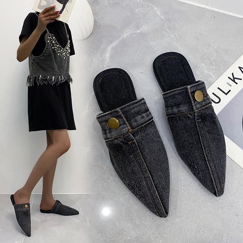 2025 Summer New Large Size Foreign Trade Design Pointed Head Bag Head Niche Denim Flat Bottom Slippers Muller Women's Shoes