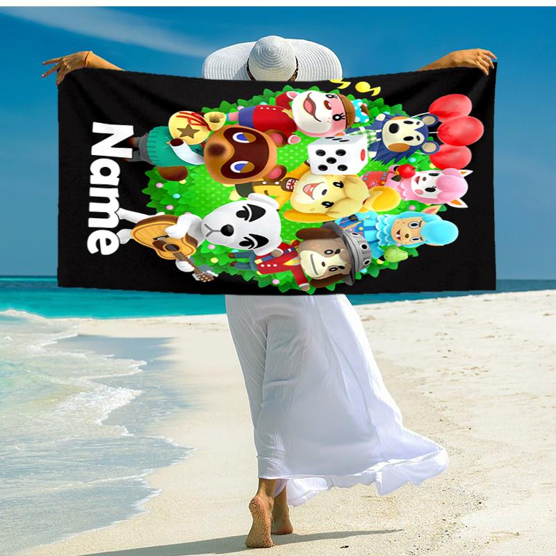 Personalized customized proof beach towel with Animal Crossing pattern - soft, absorbent, quick-drying, perfect swimming, camping&bathing