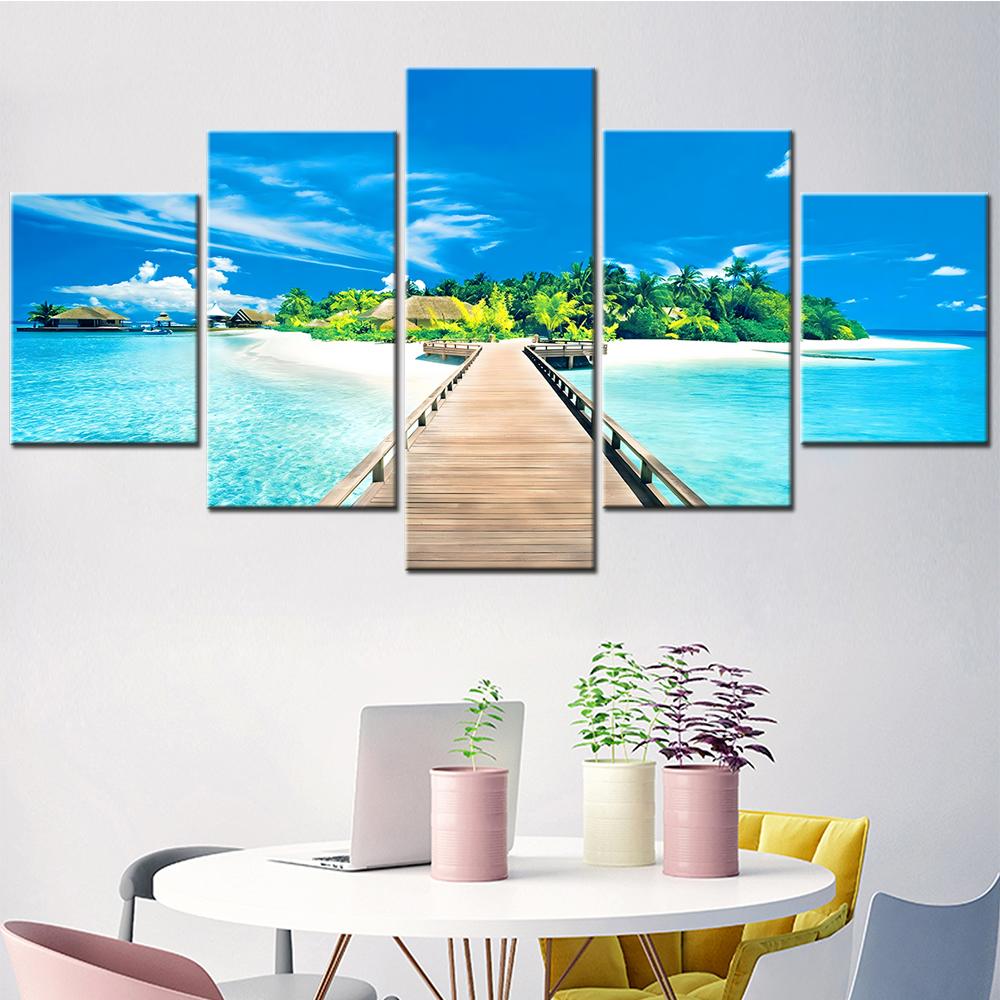 5 Pieces Tropical Island Canvas Wall Art - Bridge to Palms Trees Home Decor Painting for Bedroom Interior Printed Picture