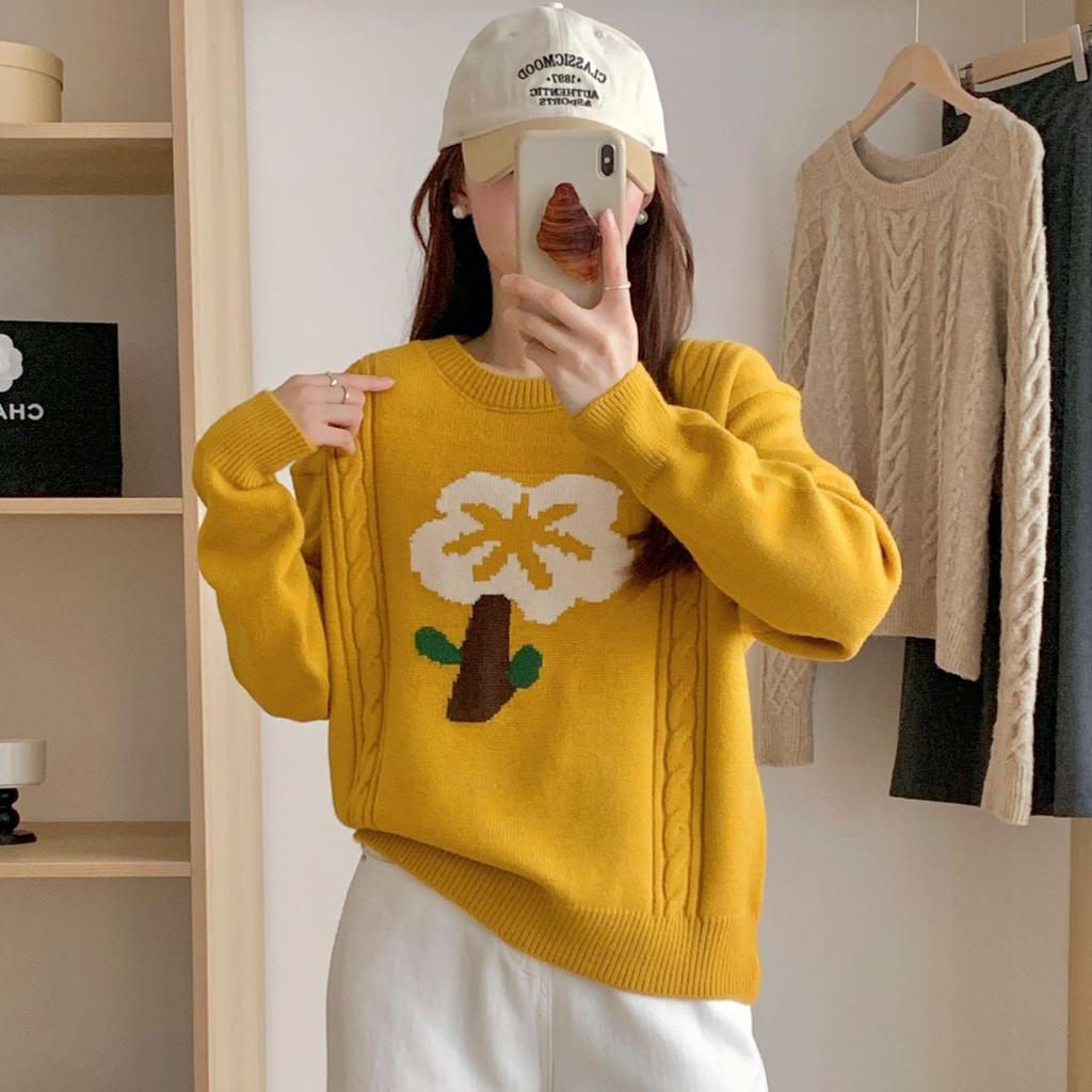 Dimanaf 2024 Новые осенние свитера, пуловеры, женские свитера с цветочным принтом, вязаные свободные свитера