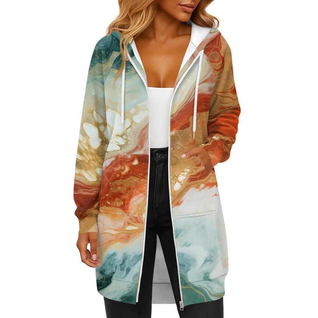 Women's Fashionable Printed Long Sleeved Drawstring Hooded Zipper Pocket Long Casual Sweatshirt Jacket