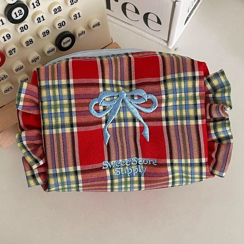 Large Capacity Travel Toiletry Bag Ruffle Edge Checkered Coin Purse Portable Women Cosmetic Bag
