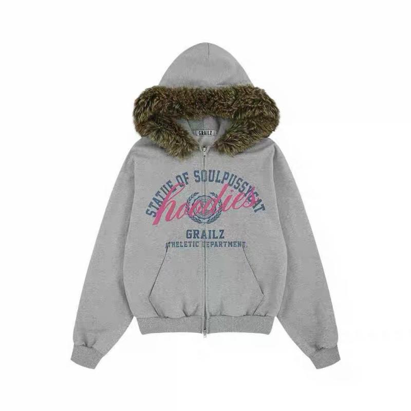 Mens Oversized Hooded Zip-Up Sweatshirt With Faux Fur Collar Graffiti Statue Of Liberty Print Winter Warm Cotton Pullover