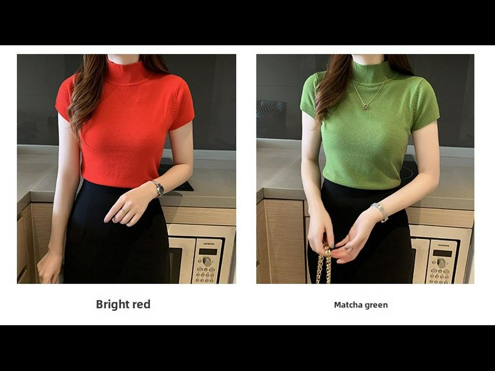 2024 Women's Slim Fit Knitted Half Turtleneck Short-Sleeve Sweater Top
