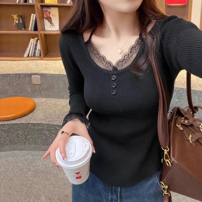 Lace Knitted Bottoming Shirt Women's Inner Season New Crew Neck Sweater Design Slim Top