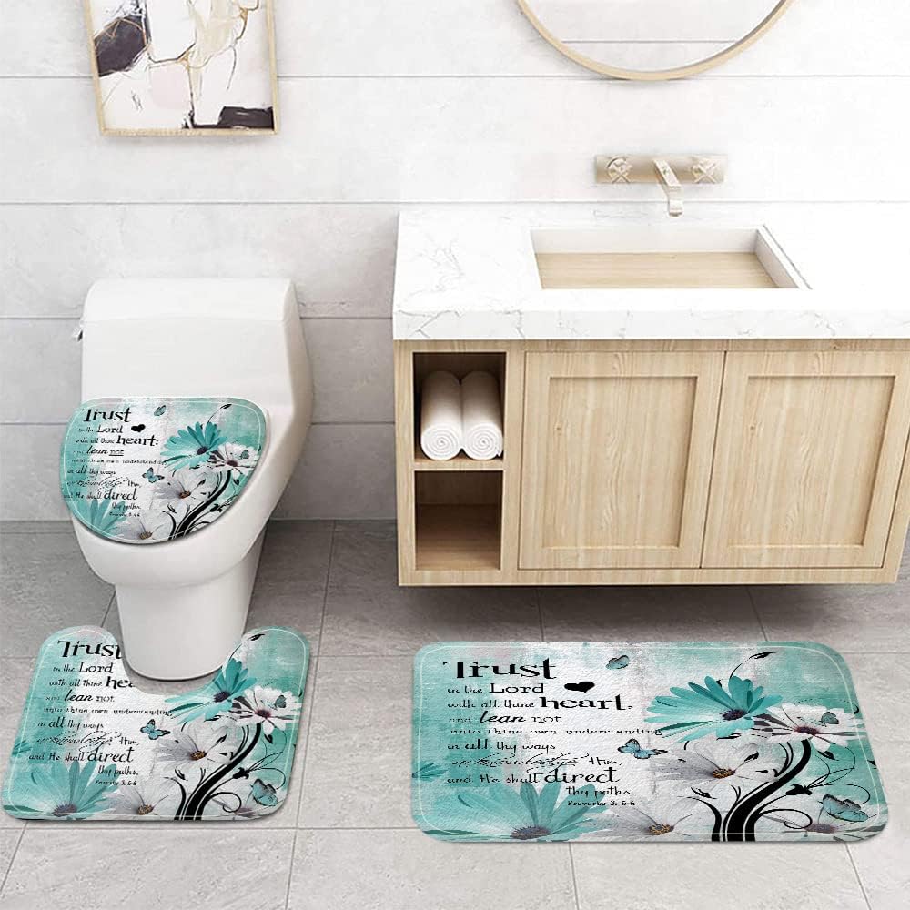 Rustic Farmhouse Farm Teal Daisy Bible Verse Inspirational Motivational Quote Bath, Country Turquoise Blue Non Slip Flannel Bathroom Rug, Dry Fast