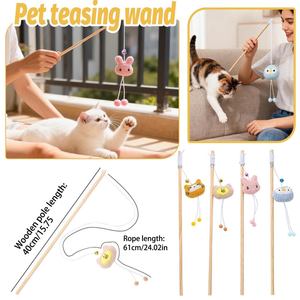 Pet Wand Toy, Natural Wooden Handle Teaser Wand Cute Interactive Pet Wand Fun Pet Toy, Pet Stick For Indoor Cats