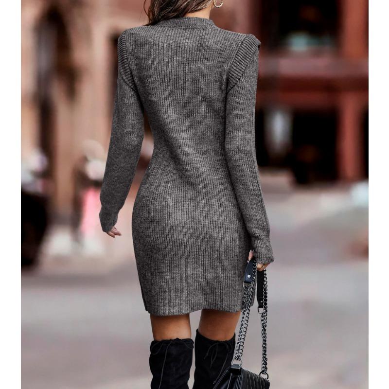 Autumn and Winter Women's Sweater Dress Solid Color Round Neck Long Sleeve Wrap Hip Sweater Dresses