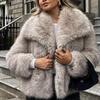 Women Fashion Cropped Faux Fur Jacket Coat Long Sleeve Front Snap-button Female Outerwear Chic Lapel Collar Thick Coat