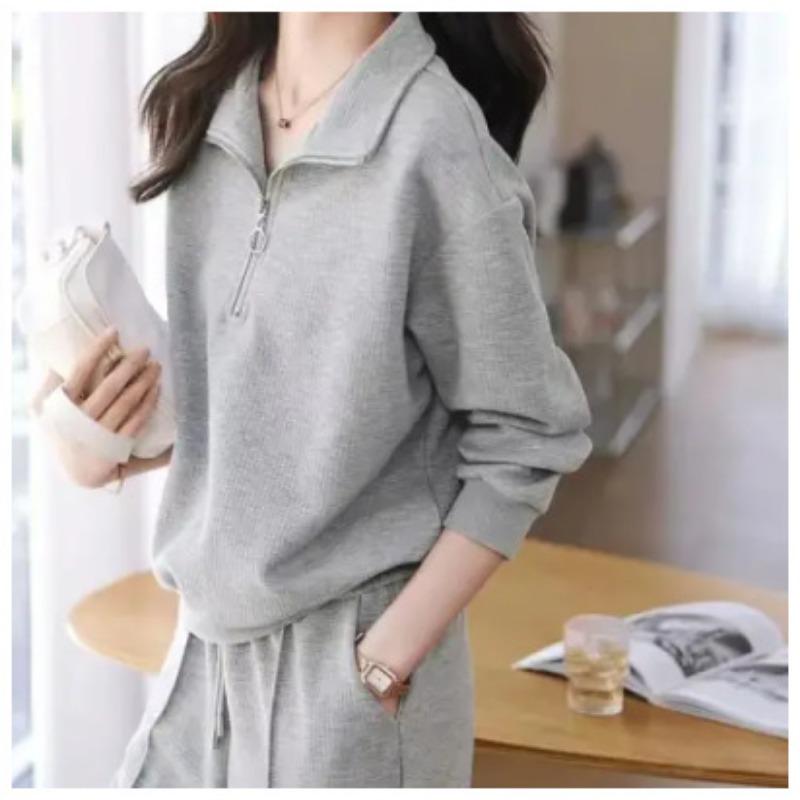 Повседневный спортивный костюм женский осенний простой толстовка с лацканами эластичный пояс длинные брюки костюм