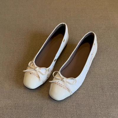 Версия из коровьей кожи~ балетки с мелким вырезом и плоской подошвой, женские туфли-лодочки с бантом, круглым носком и вставками из конского волоса