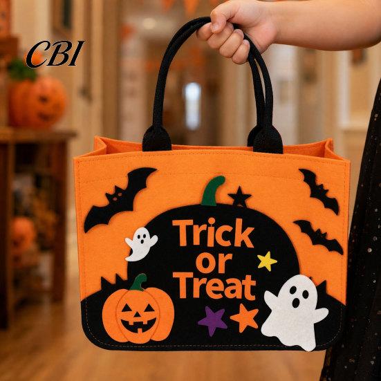 Kids Candy Collecting Bag Halloween Trick or Treat Bag, Felt Goodie with Pumpkin Ghost Patches, Durable Tote Large for Kids, Party Favor, Haunted