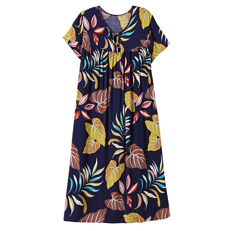 Plus Size Elegant Loose Dresses for Women Oversize Short Sleeve Vintage Print Long Dress Casual Middle-aged Women's Clothing