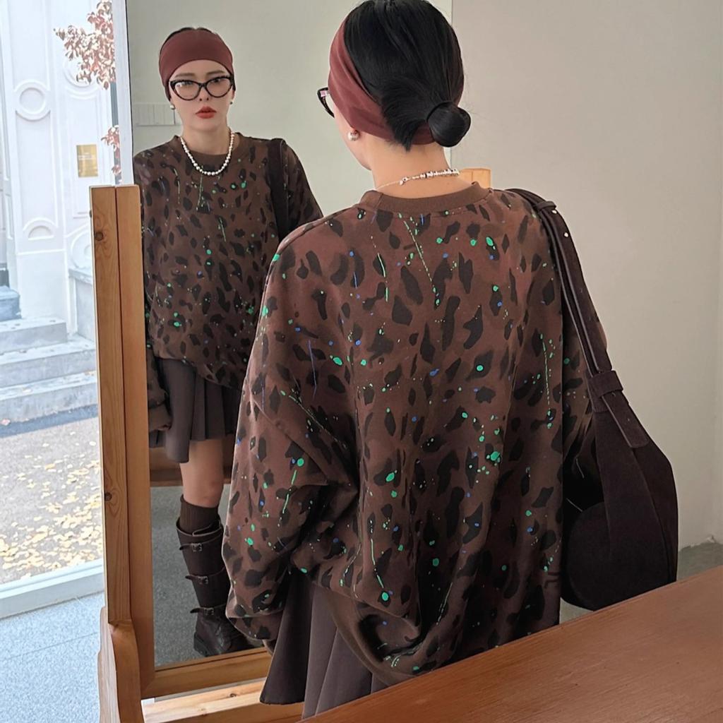 Plus Size Women's New Leopard Print Plus Fleece Thick Long-sleeved Mid Long Hoodie