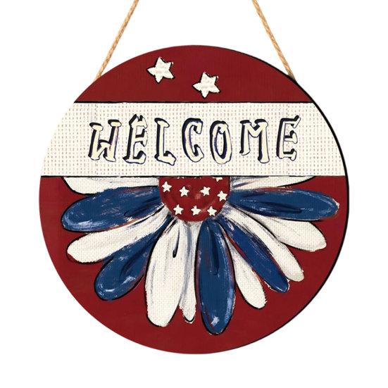 Spring Flower Wreath Welcome Sign, Independence Day Patriotic Hanging Plaque, Round Wooden Door Hanger Decoration for Indoor Outdoor