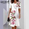Женская мода лето весна однотонный принт с коротким рукавом и круглым вырезом с высокой талией повседневные платья