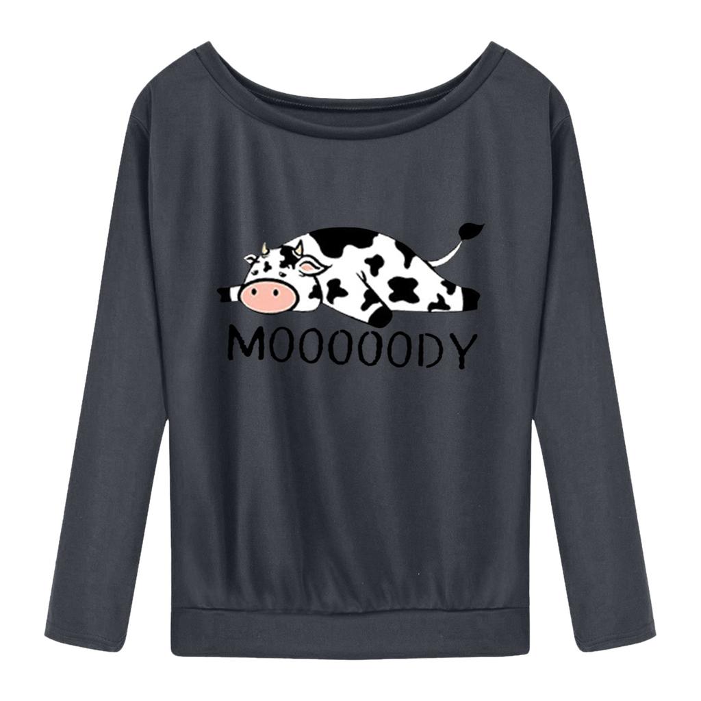 Женская мода, повседневный топ с открытыми плечами и воротником с длинными рукавами и принтом коровы