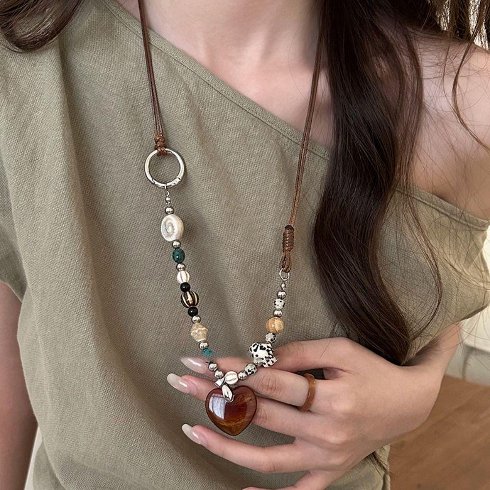 Heart-shaped Wood Pendant Necklace Ceramic Women Jewelry New Long Sweater Chain Necklace for Women
