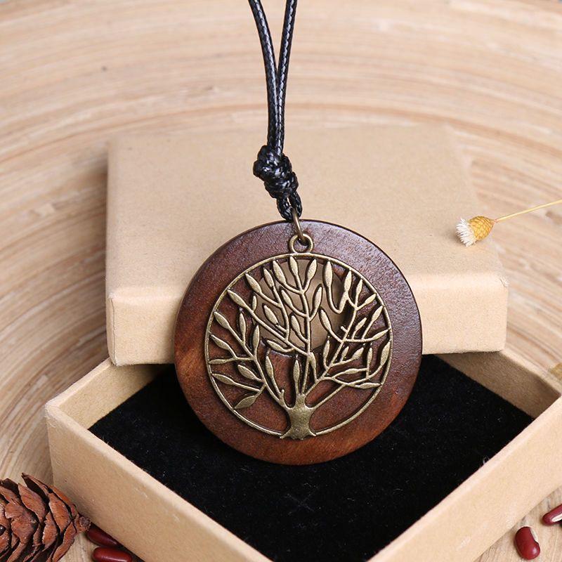 Женское ожерелье из хлопка и льна в этническом стиле из дерева в стиле ретро с кулоном в виде листа из сплава