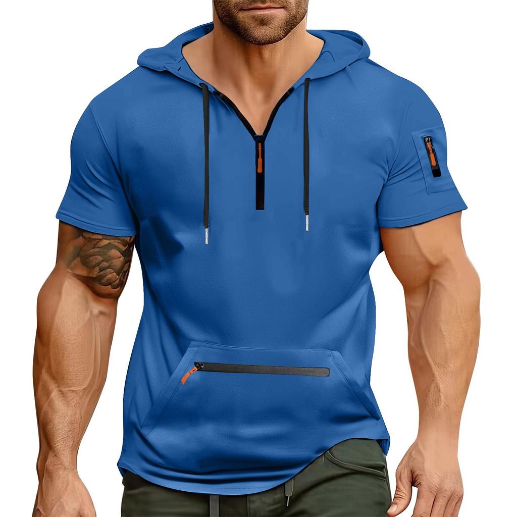 Men's Summer Shirt Zipper Pocket Short Sleeve Hooded Sweatshirt Men's Sports Large Size Casual Sweatshirt