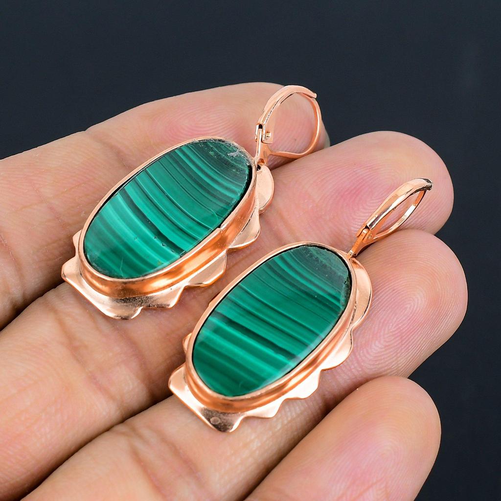 Малахитовый драгоценный камень, медь, красивые ювелирные серьги ручной работы для нее