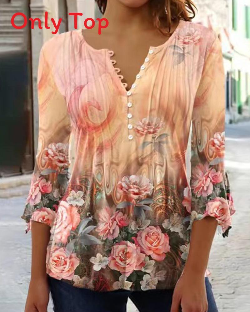 Floral Print T Shirt For Women With 3d Effect Polyester V Neck Short Sleeve Casual Top