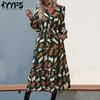 Women's Fashion Fall Winter Geometric Print Long Sleeve V-Neck High Waist Casual Dresses
