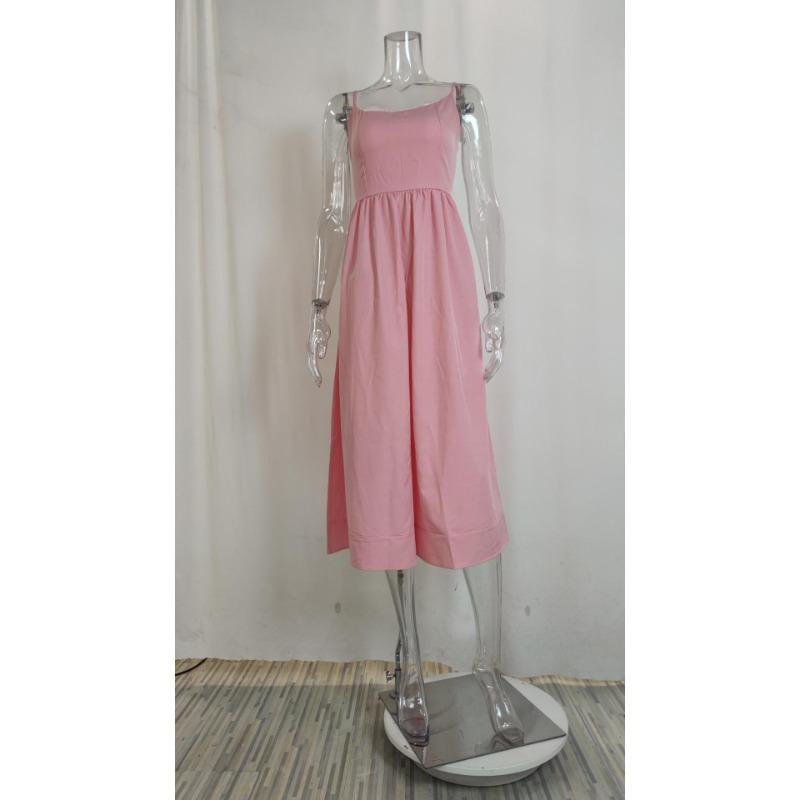 Women's Summer Solid Color Sexy U Neck Waisted Pleated Halter Swing Dresses