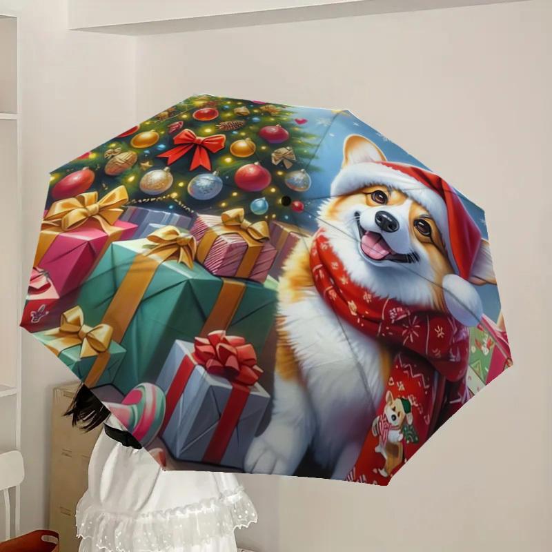 1pc Christmas Corgi Celebration Umbrella with Plastic Handle,Suitable for All Seasons Home Travel Outdoor UmbrellaDD223
