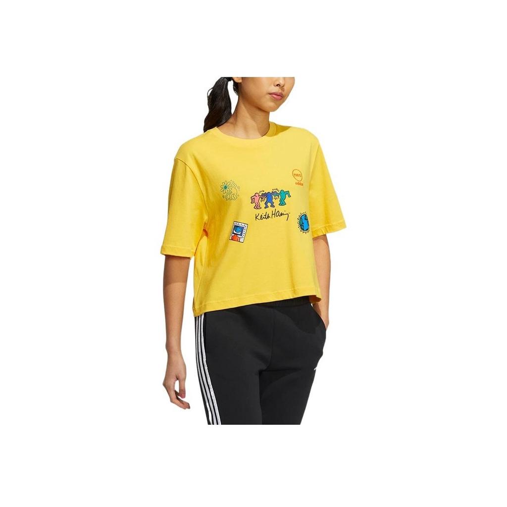 Adidas Neo Keith Haring SS22 Повседневная футболка с круглым вырезом и короткими рукавами из мультфильма Женские топы Желтый HD7253