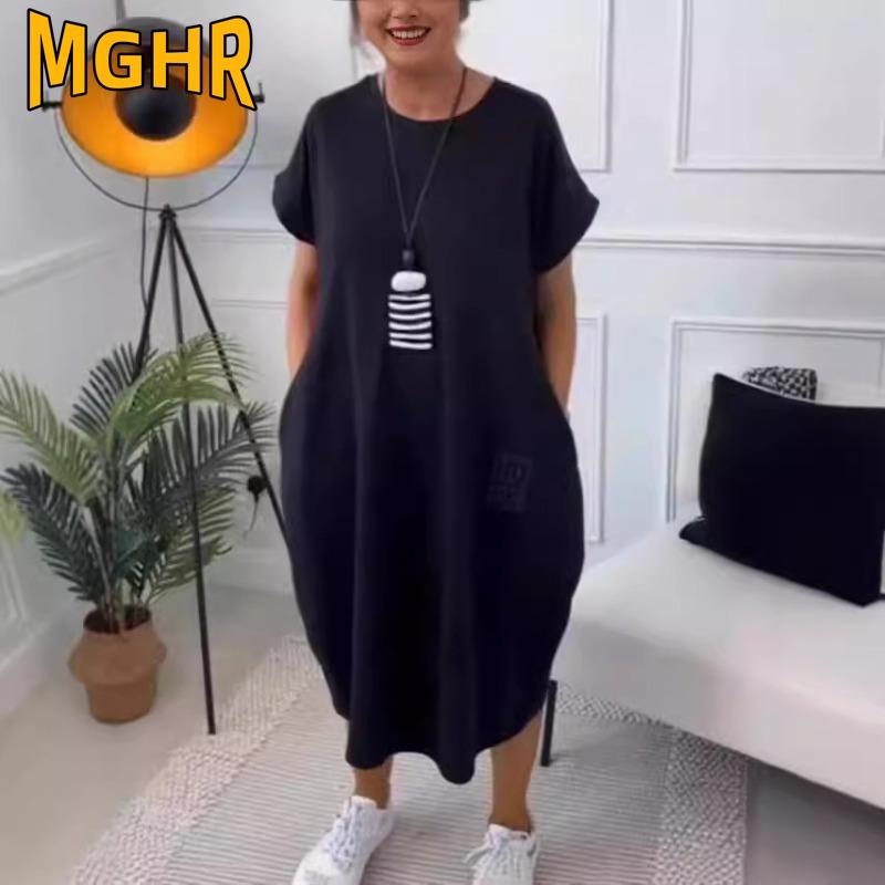MGHR Женская мода лето весна однотонный принт с коротким рукавом и круглым вырезом повседневные платья