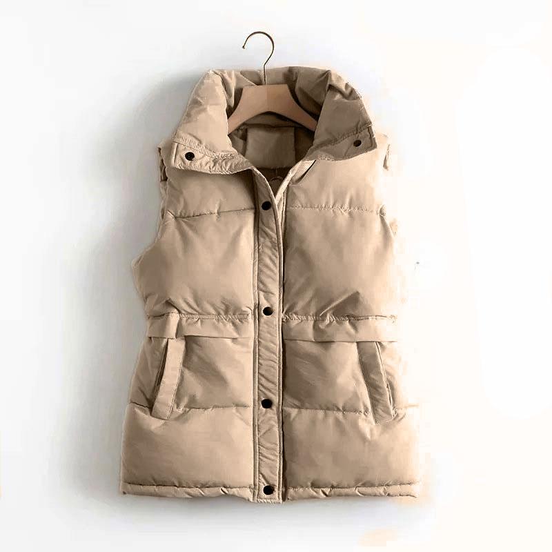 Осень-зима, женский короткий жилет с хлопковой подкладкой, куртка-парка, пальто с отложным воротником, консервативный стиль, карманы на молнии, кулиска на талии, без рукавов, однотонное M-5XL