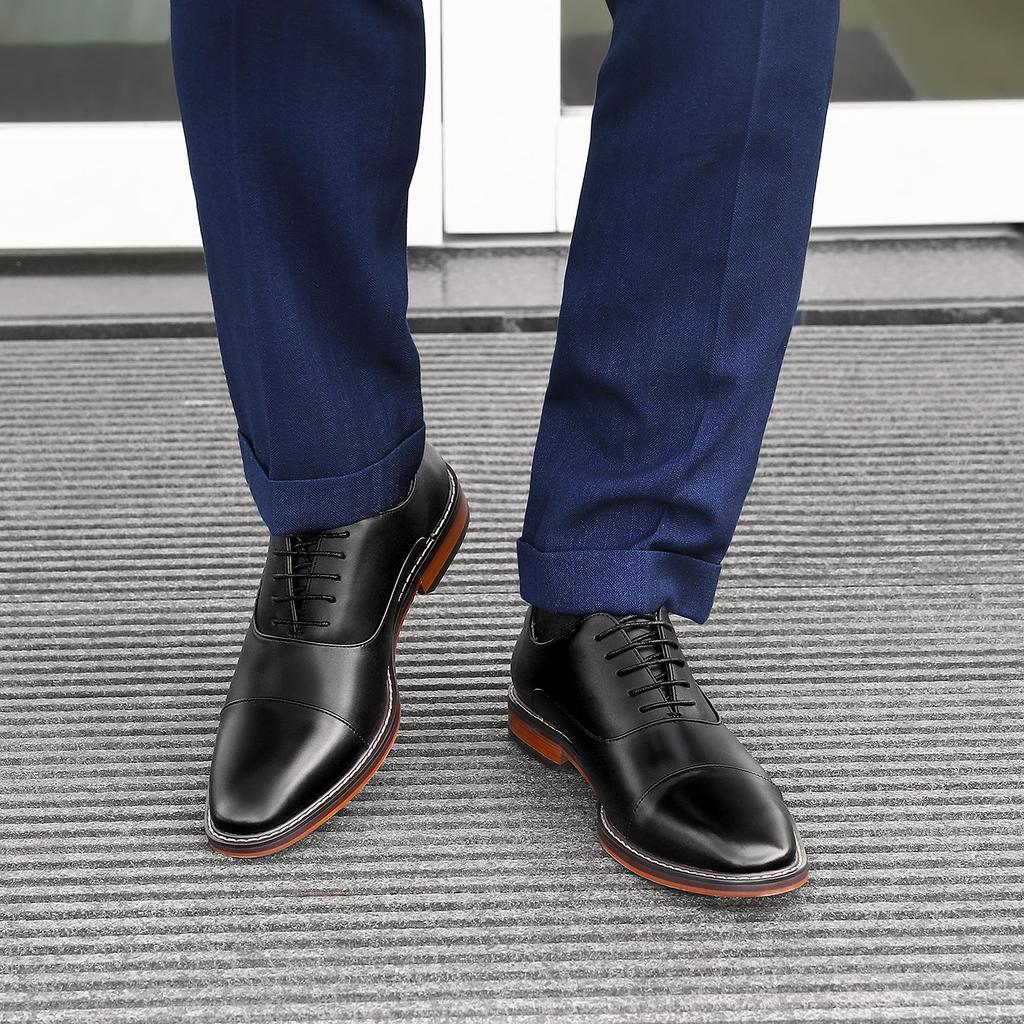 Foxsense Кожаные Деловые Туфли Премиум Натуральная Кожа с Внутренней Легкой Подкладкой и Размером Мужская Обувь, Прямой Мысок, Броги, Водонепроницаемая, Формальная, Черная,