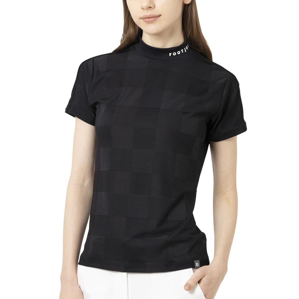 FootJoy Women's Check Jacquard Short Sleeve Mock Neck Golf Shirt, Black, Size XL (FJW-S25-S03, 34810-XL)