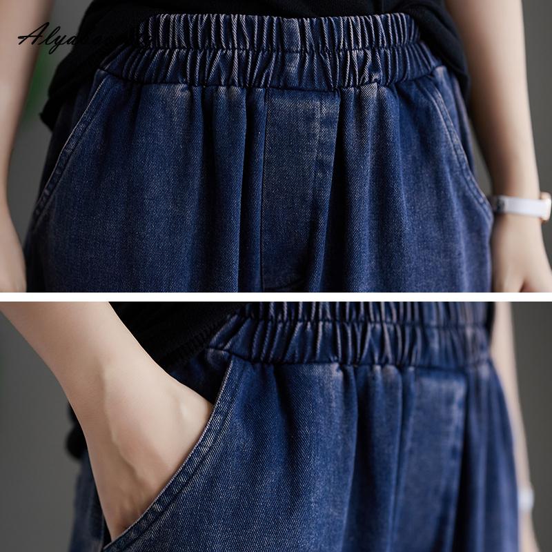 Корейский стиль, весна-осень, женские стильные джинсы с эластичной резинкой на талии, лоскутные повседневные свободные шаровары, джинсовые брюки, винтажные мешковатые женские джинсы