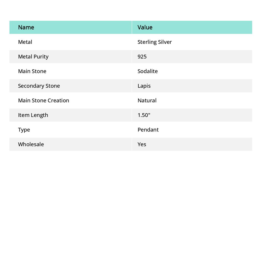 Natural Sodalite, Lapis Gemstone 925 Sterling Silver Jewelry Pendant 1.50" T0T67