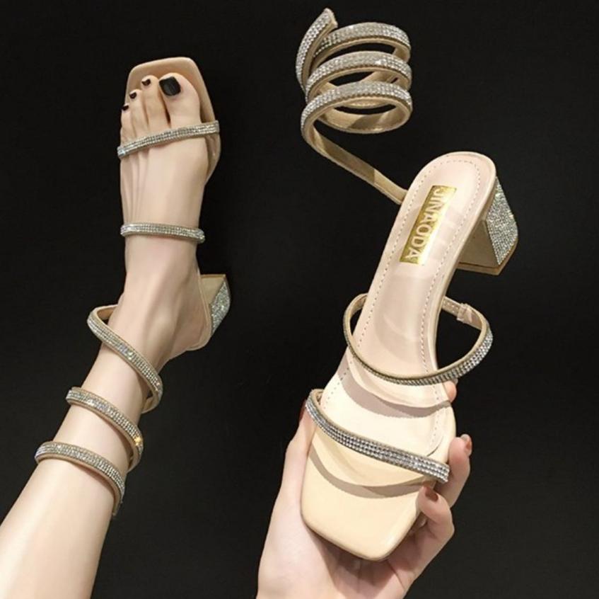 2024 весна и осень босоножки все модные стразы толстый каблук змеиная обертка туфли на высоком каблуке туфли-лодочки женская обувь