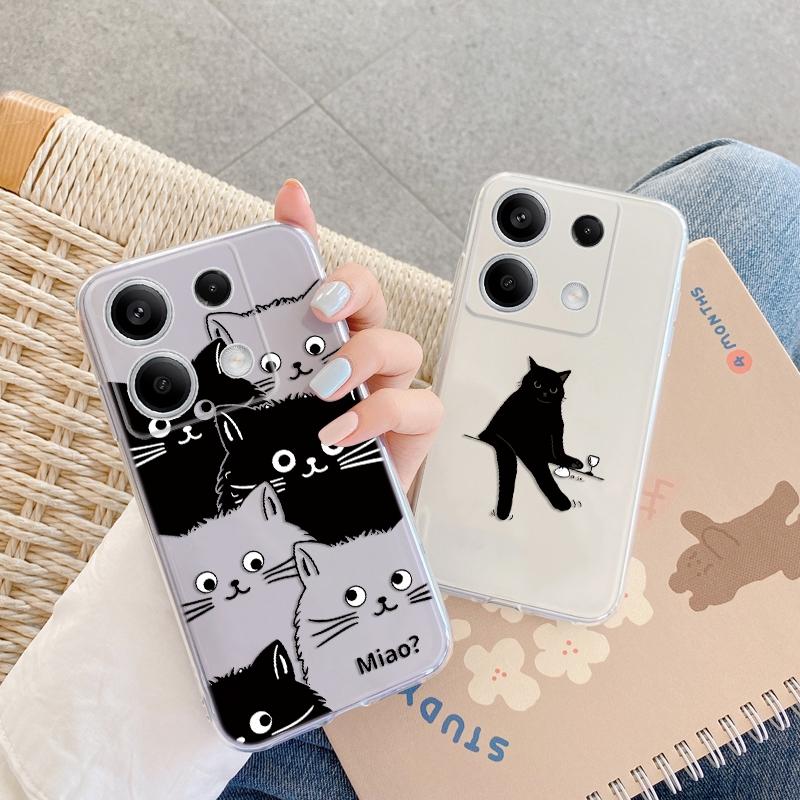 Милый черный кот мягкий прозрачный силиконовый чехол для Xiaomi Redmi Note 13 14T 15 Samsung A55 A35 S24 iPhone 15 Huawei Honor Camera защитный противоударный чехол