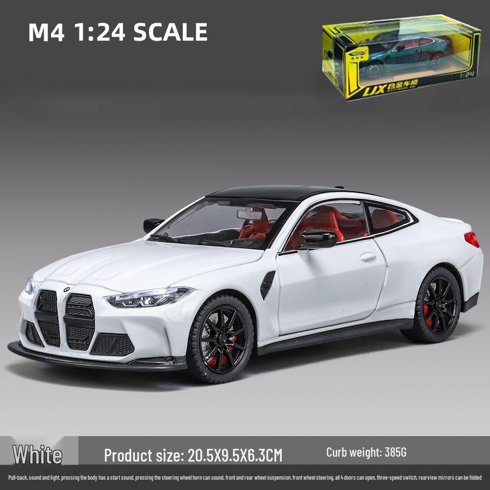 1:24 BMW M4 Diecast Car Model with Shock Absorption, Pull-Back, Steering, Sound, and Light Features.