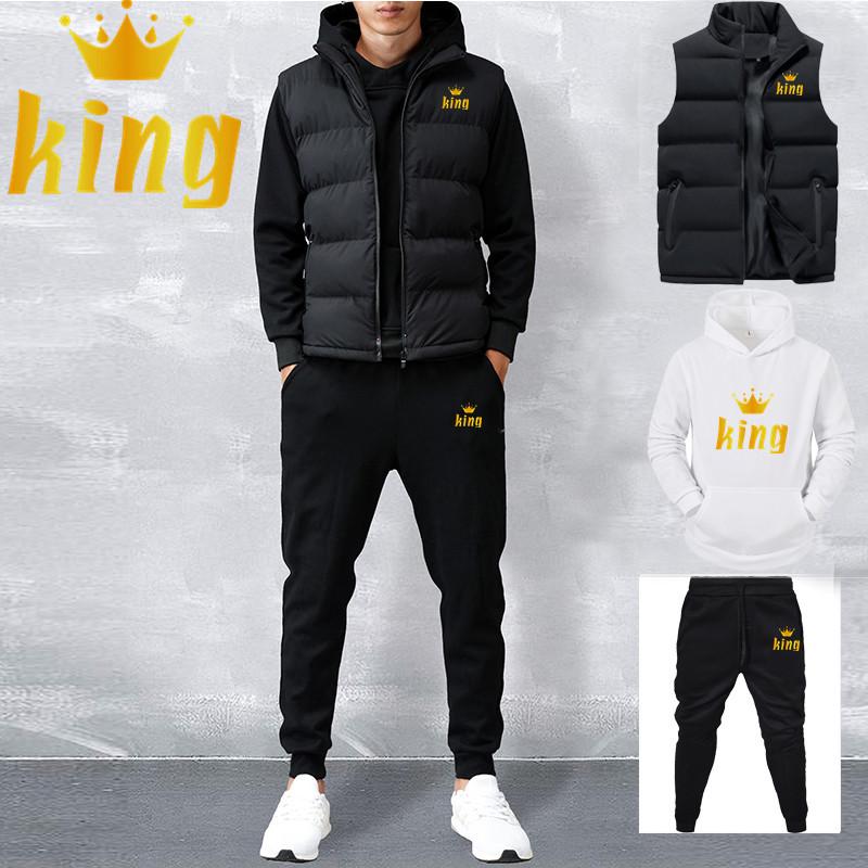 Men Spring Winter Fleece Hoddies Set Casual Sets Vest + Hoodies + Pants 3 Piece Set Male Tracksuit Sportswear Set