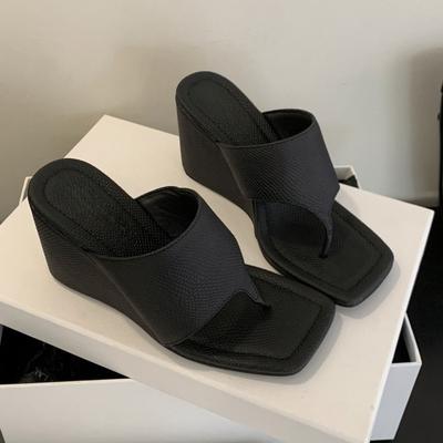 Босоножки-шлепанцы на танкетке с открытым носком, женская обувь, носить лето 2025, на высоком каблуке, с квадратным носком, французские сандалии