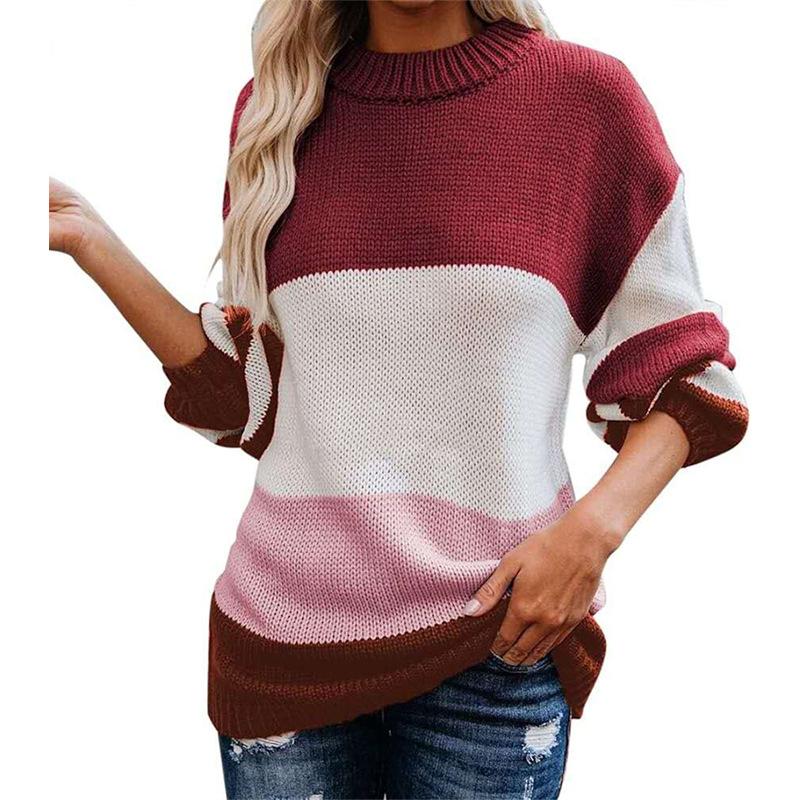 Autumn and winter women's knitted sweater fashionable loose large size round neck fresh simple striped splicing knitted sweater