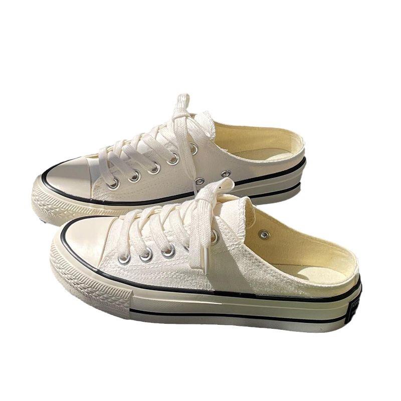 Летние тонкие белые туфли, универсальные базовые полутапочки с закрытым носком, женская верхняя одежда, дышащая, без каблука, ленивая парусиновая обувь