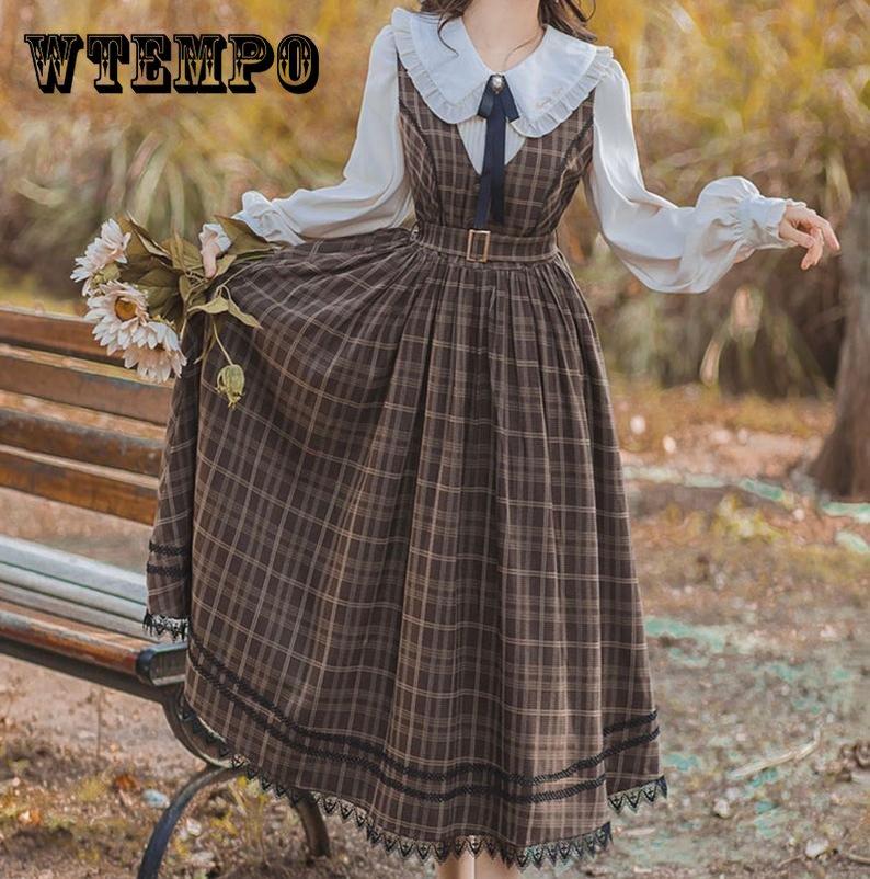 2 Piece Set Dark Academia Dress Double Check Tank Top Skirt and Long Sleeve Shirt Spring Cottagecore Dress French Dress