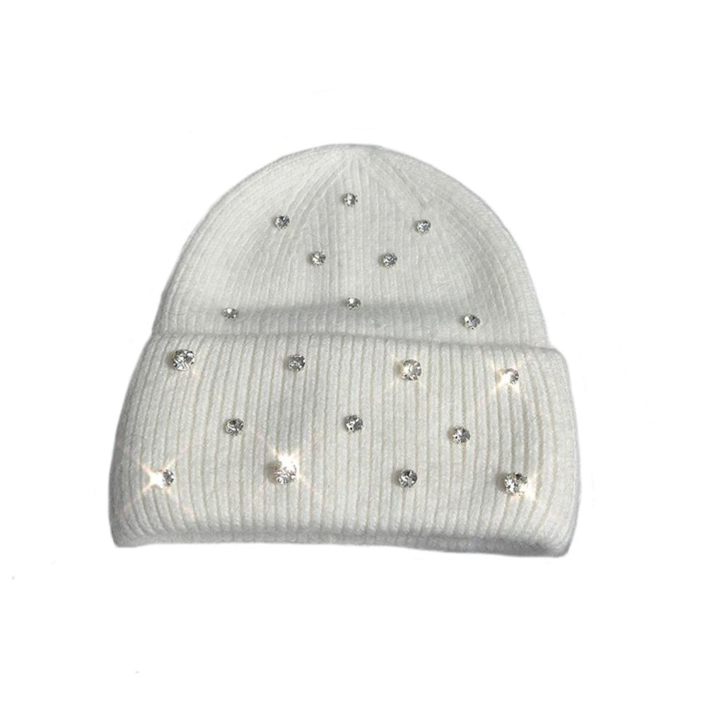 Rhinestone Beads Pullover Yarn Hat Rabbit Fur Warm Bonnet Beaanies Korean Wool Skullies Cap Women