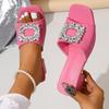 2024 Summer New Square Head Flat Bottom Thick Heel Rhinestone Square Head Women's Cool Slippers Fashion Casual Middle Heel Slippers